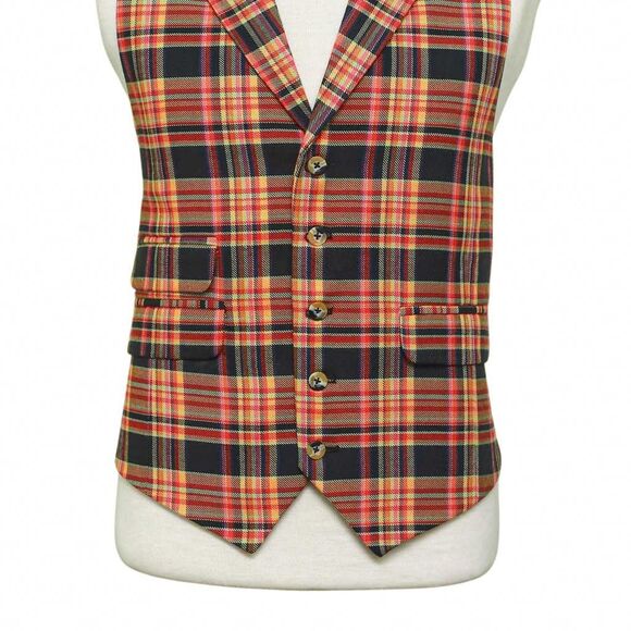Mens Orange Black Plaid Waistcoat 44R XL Formal Tuxedo Vest Wedding Party Groom - Picture 5 of 9